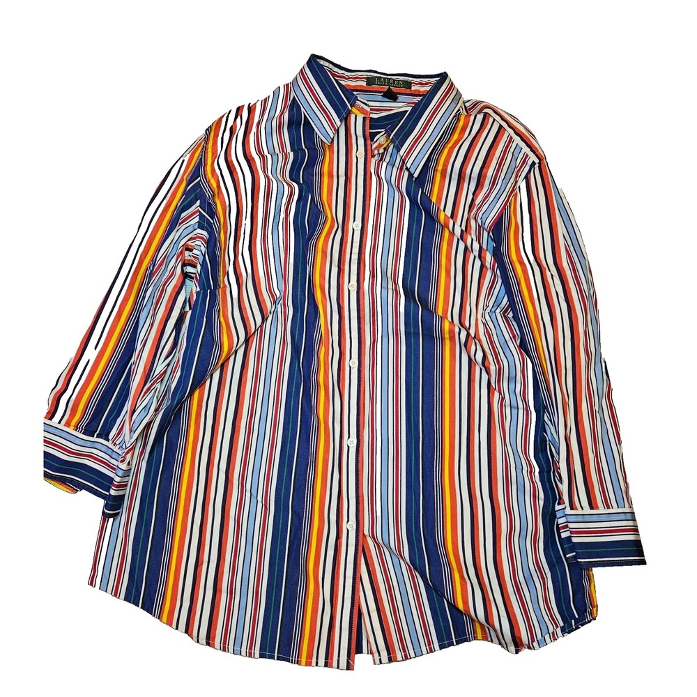 Lauren Ralph Lauren Striped Button‎ Down Shirt Womens 2X Multicolor 3/4 Sleeve